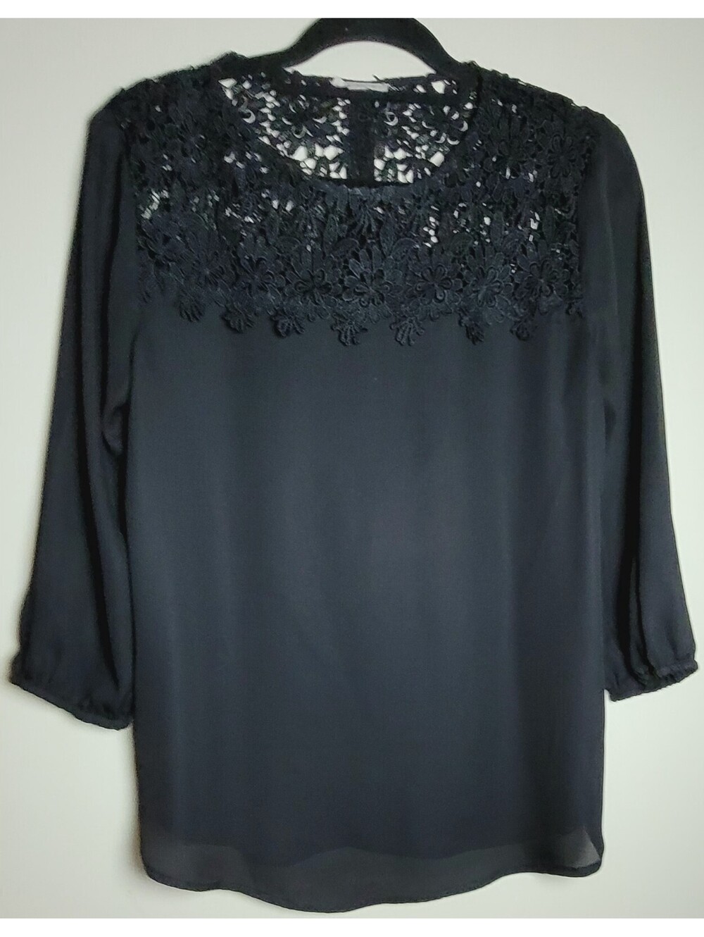 Jella C Black 3/4 Sleeve Blouse with Floral Lace Yoke, Size L